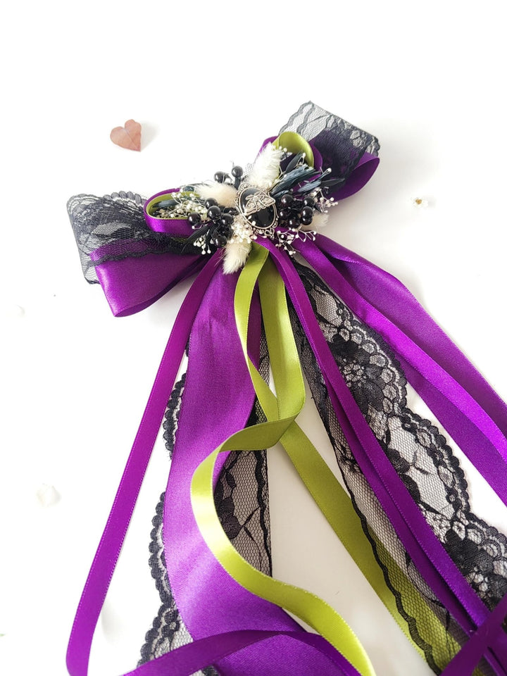 Purple Satin Hair Bow Clip: Gothic Halloween Headpiece – handmade floral hair accessory by magaela