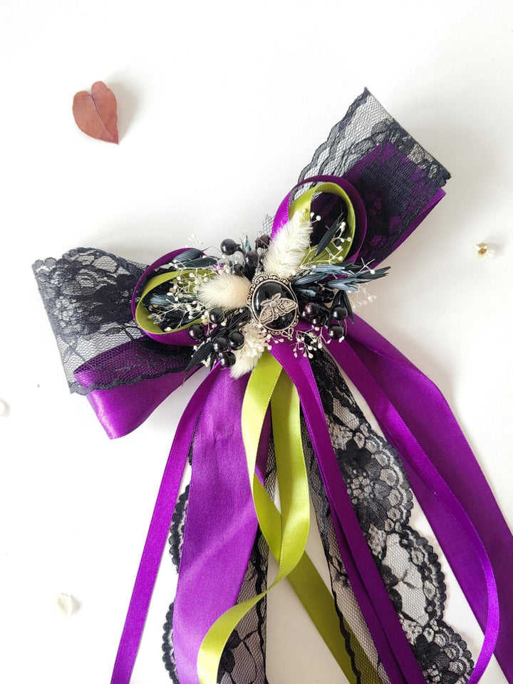 Purple Satin Hair Bow Clip: Gothic Halloween Headpiece – handmade floral hair accessory by magaela