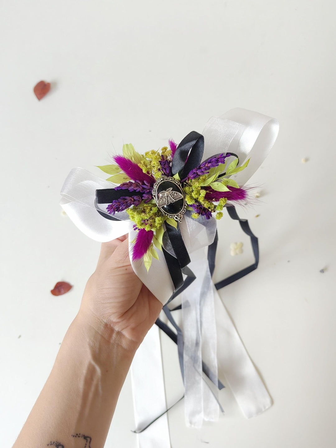 Halloween Hair Clip: Purple Yellow Floral Beetlejuice Bow – handmade floral hair accessory by magaela