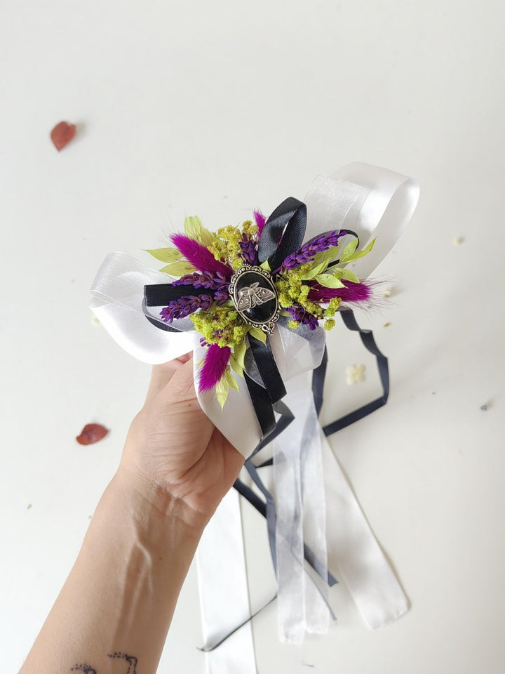 Halloween Hair Clip: Purple Yellow Floral Beetlejuice Bow – handmade floral hair accessory by magaela