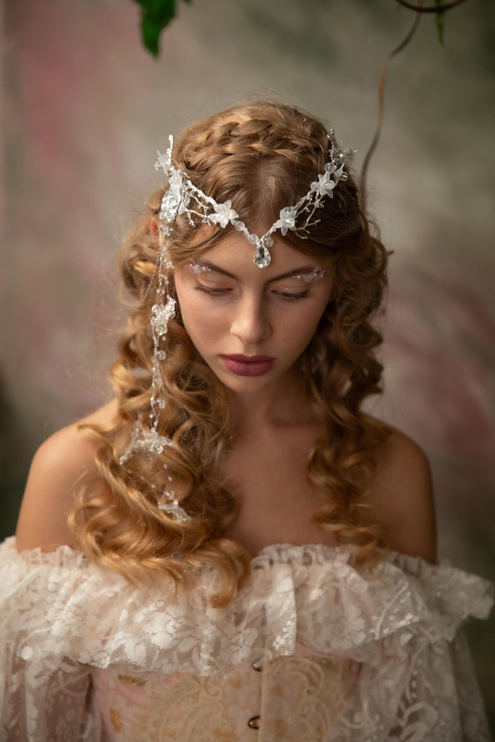 Winter Wedding Tiara: Transparent Flower Fairy Crown with Veil – handmade floral hair accessory by magaela