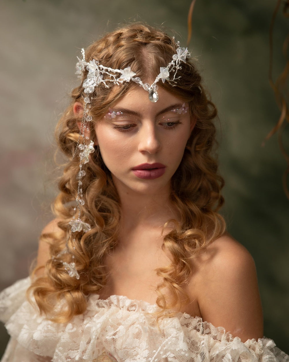 Winter Wedding Tiara: Transparent Flower Fairy Crown with Veil – handmade floral hair accessory by magaela