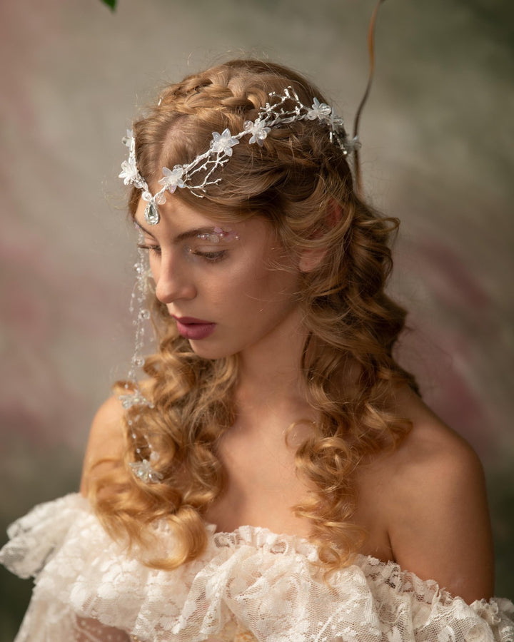 Winter Wedding Tiara: Transparent Flower Fairy Crown with Veil – handmade floral hair accessory by magaela