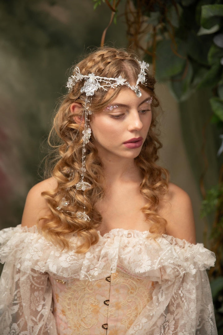 Winter Wedding Tiara: Transparent Flower Fairy Crown with Veil – handmade floral hair accessory by magaela