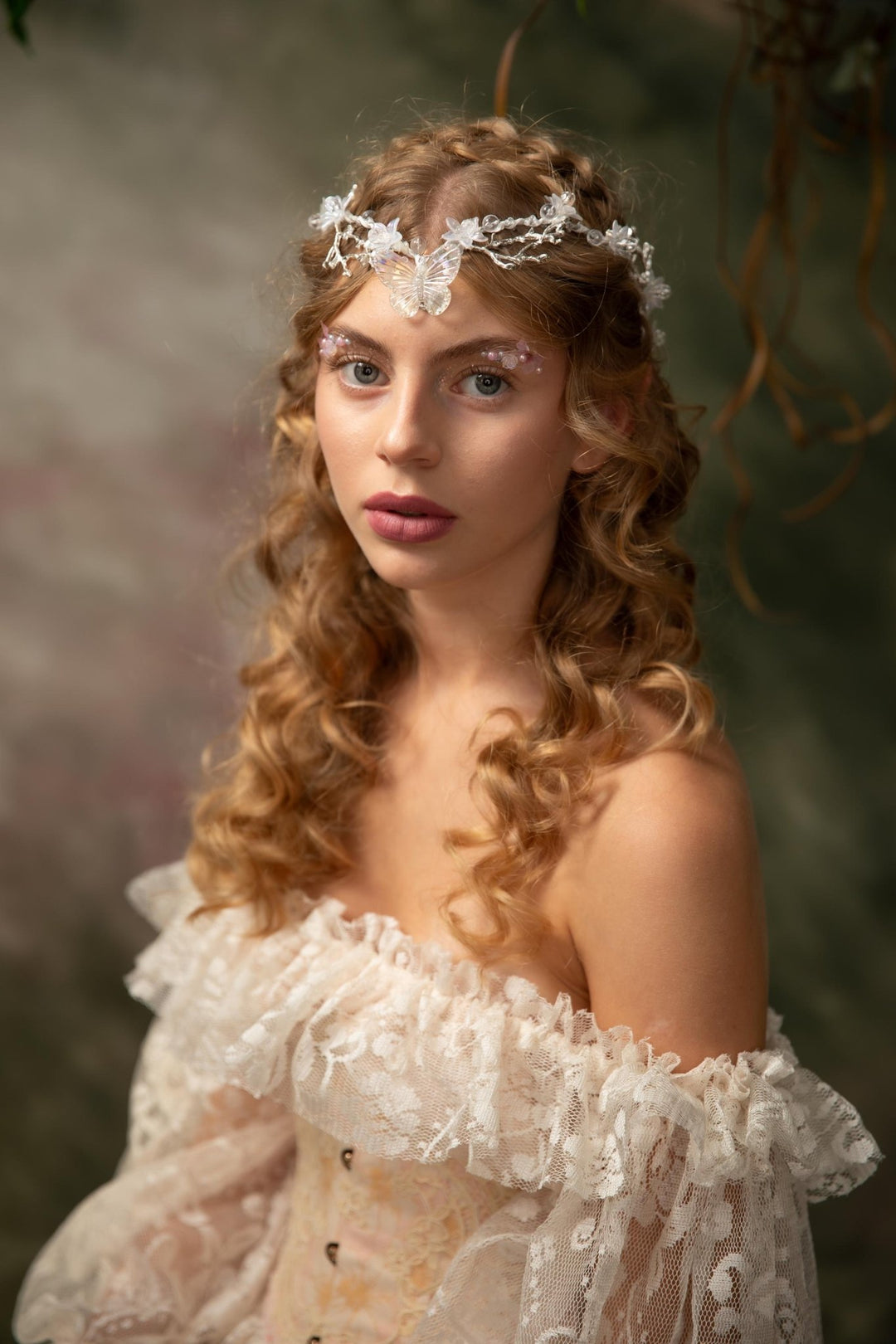 Butterfly Wedding Tiara with Veil: Winter Renaissance Crown – handmade floral hair accessory by magaela
