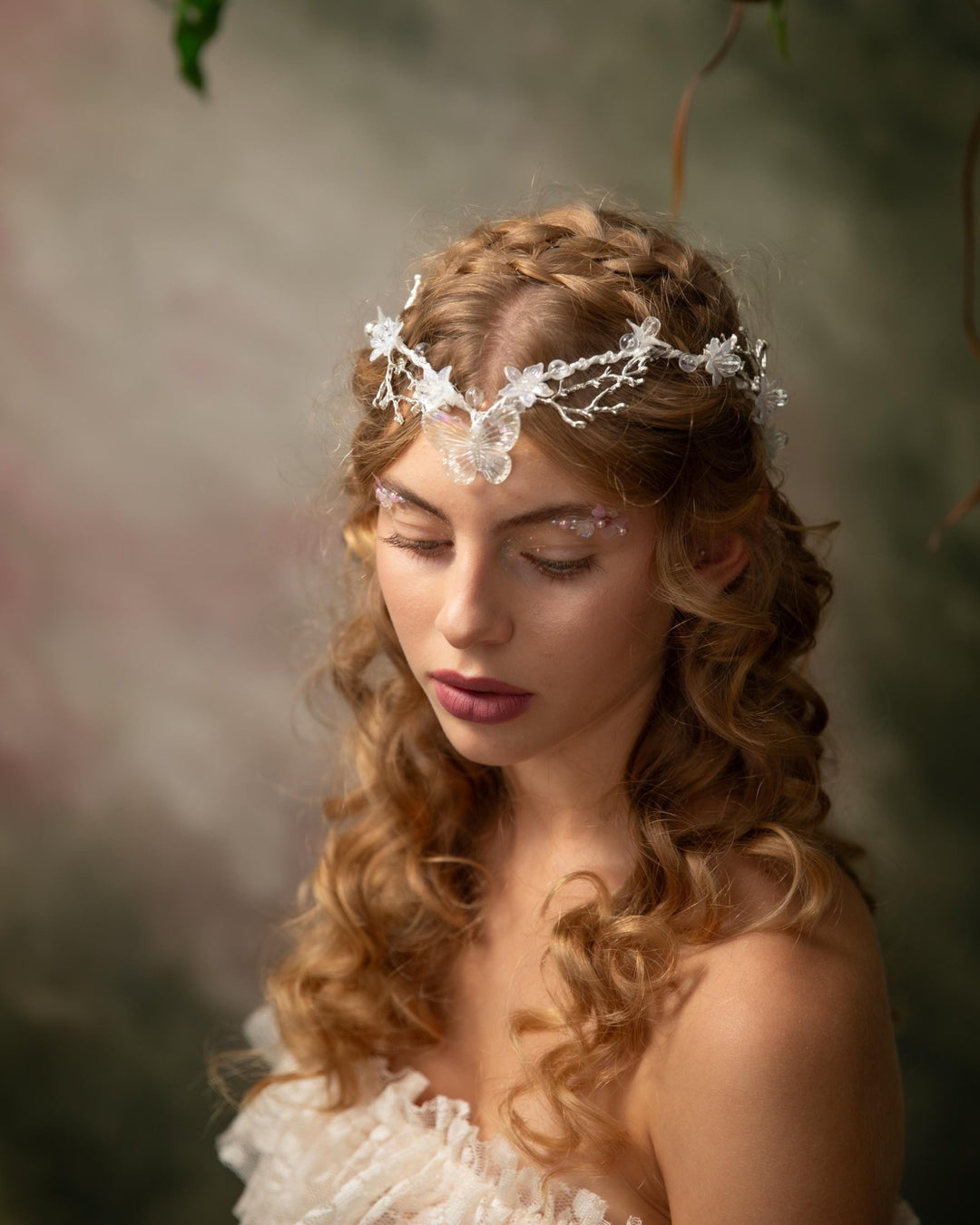 Butterfly Wedding Tiara with Veil: Winter Renaissance Crown – handmade floral hair accessory by magaela
