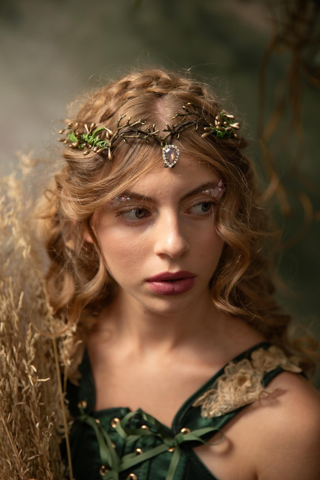 Woodland Wedding Tiara – Green Gold Elven Crown – handmade floral hair accessory by magaela