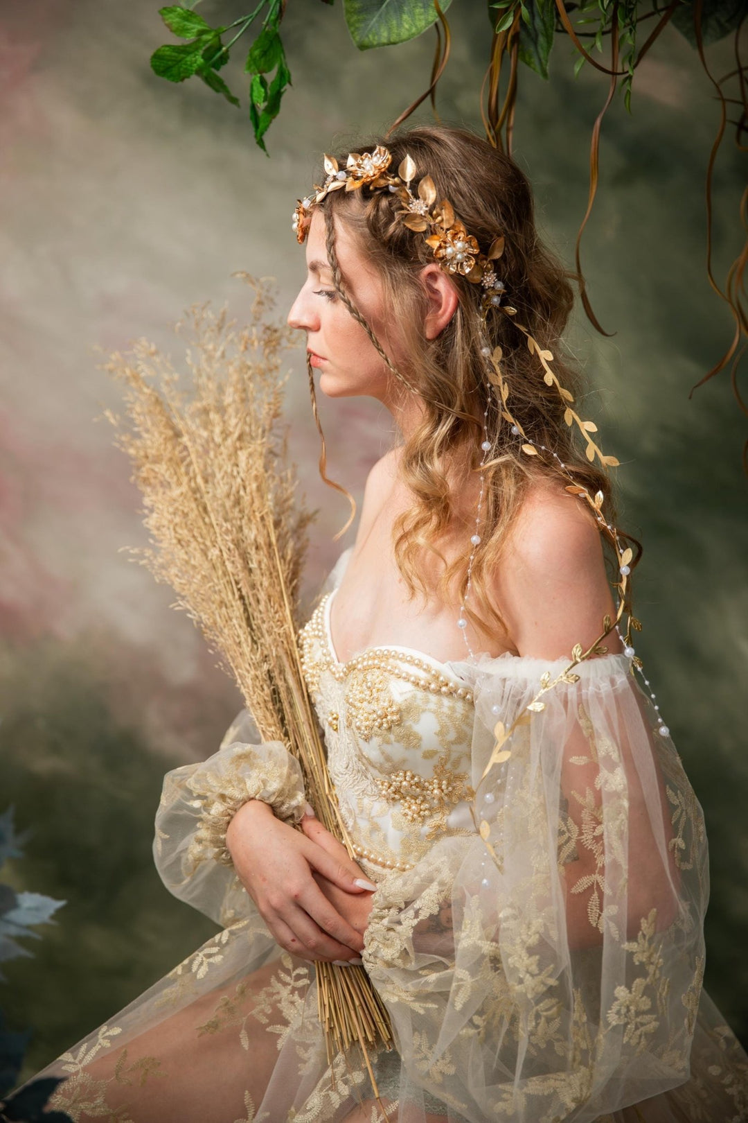 Golden Wedding Crown with Veil: Glamour Pearl Bridal Tiara – handmade floral hair accessory by magaela