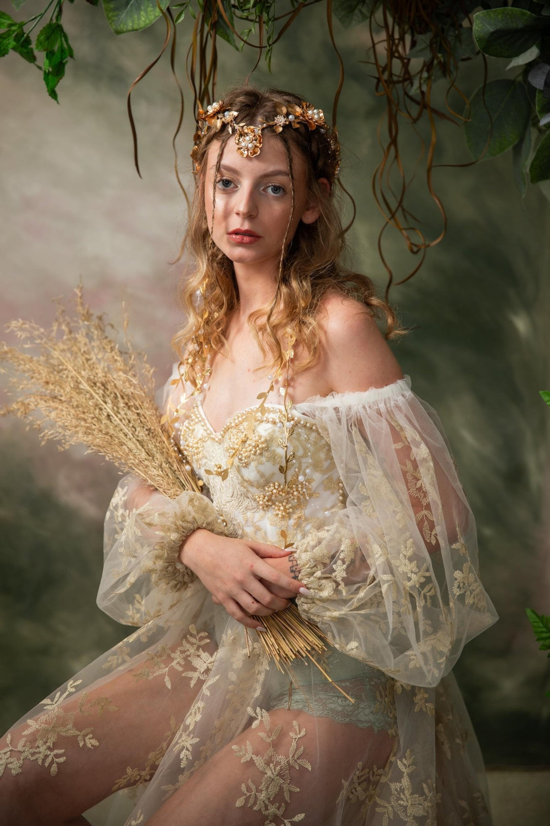 Golden Wedding Crown with Veil: Glamour Pearl Bridal Tiara – handmade floral hair accessory by magaela