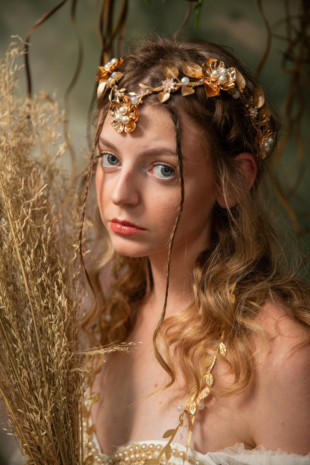 Golden Wedding Crown with Veil: Glamour Pearl Bridal Tiara – handmade floral hair accessory by magaela