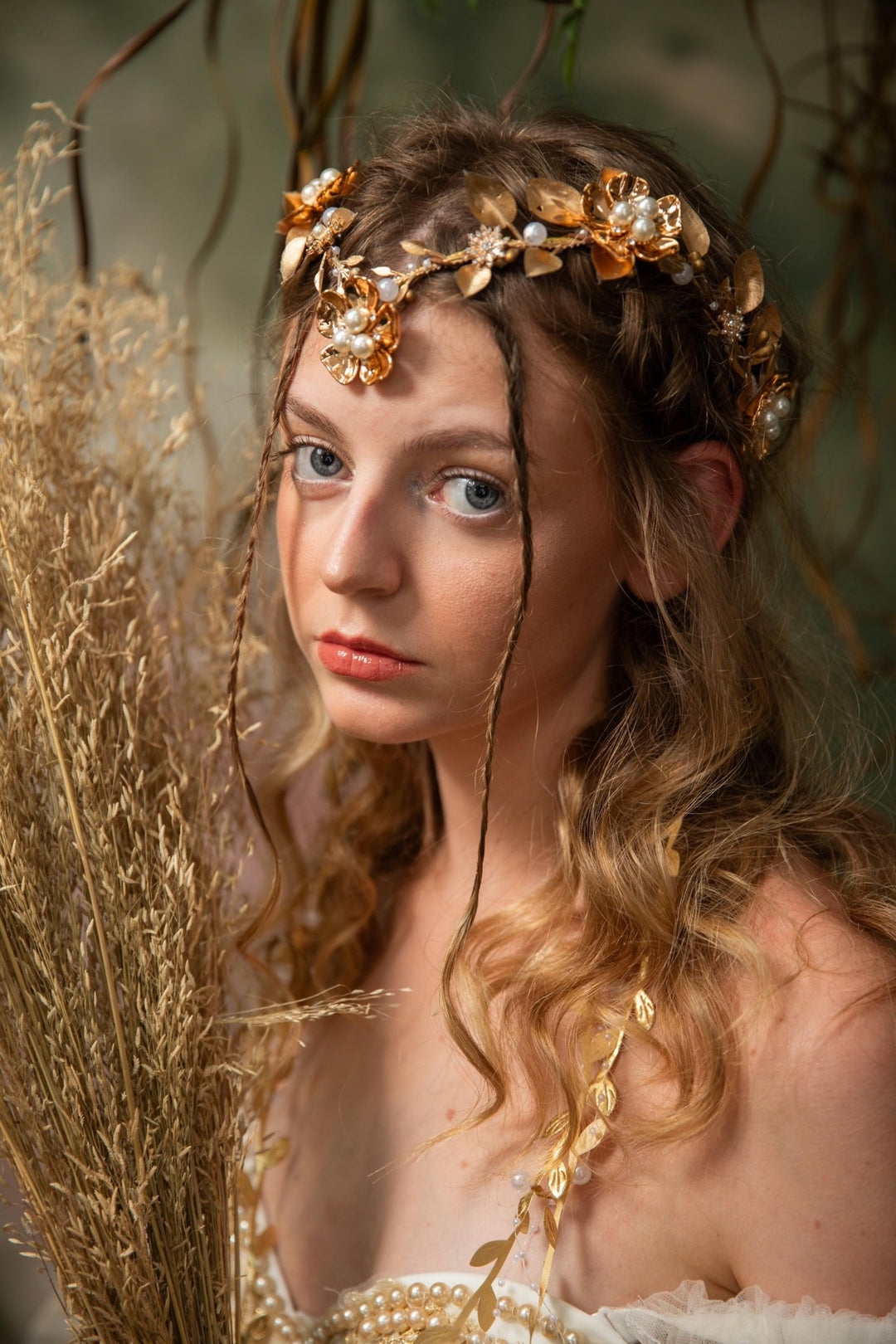 Golden Wedding Crown with Veil: Glamour Pearl Bridal Tiara – handmade floral hair accessory by magaela