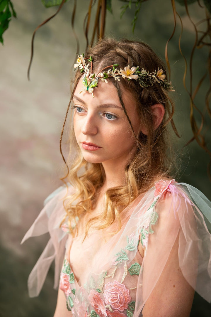 Butterfly Elven Crown: Green Beige Wedding Tiara – handmade floral hair accessory by magaela
