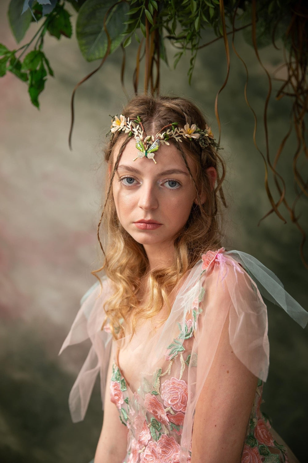 Butterfly Elven Crown: Green Beige Wedding Tiara – handmade floral hair accessory by magaela