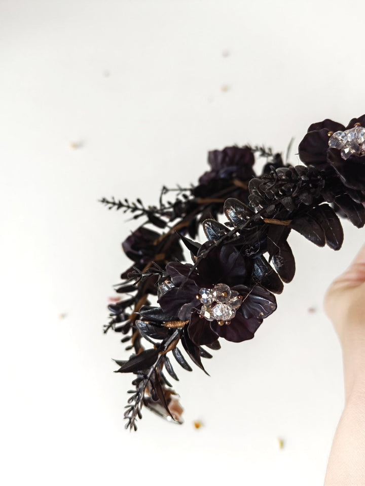 Black Flower Tiara: Gothic Wedding Crown, Halloween Costume – handmade floral hair accessory by magaela