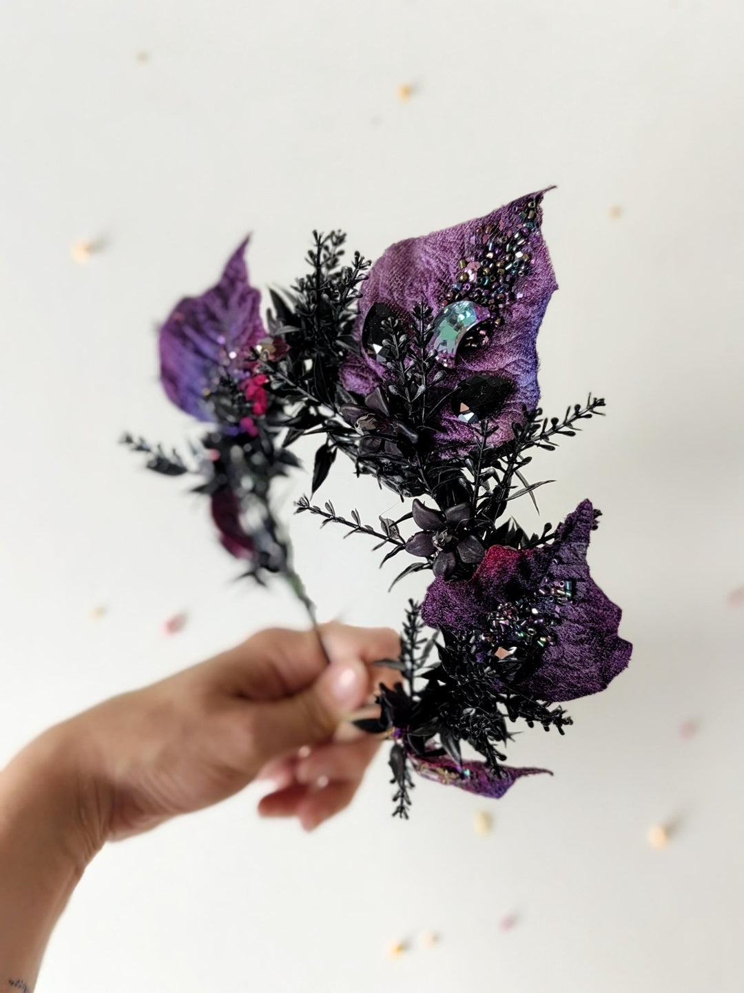 Purple Flower Bridal Crown: Gothic Crystal Headband, Halloween Wedding – handmade floral hair accessory by magaela