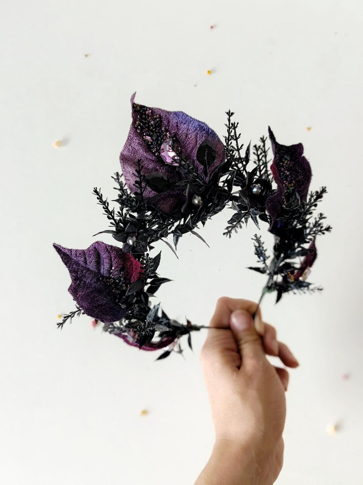 Purple Flower Bridal Crown: Gothic Crystal Headband, Halloween Wedding – handmade floral hair accessory by magaela