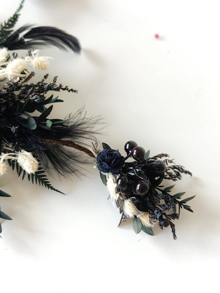 Gothic Wedding Hair Vine: Black Rose, Fern & Blackberry Hairpiece – handmade floral hair accessory by magaela