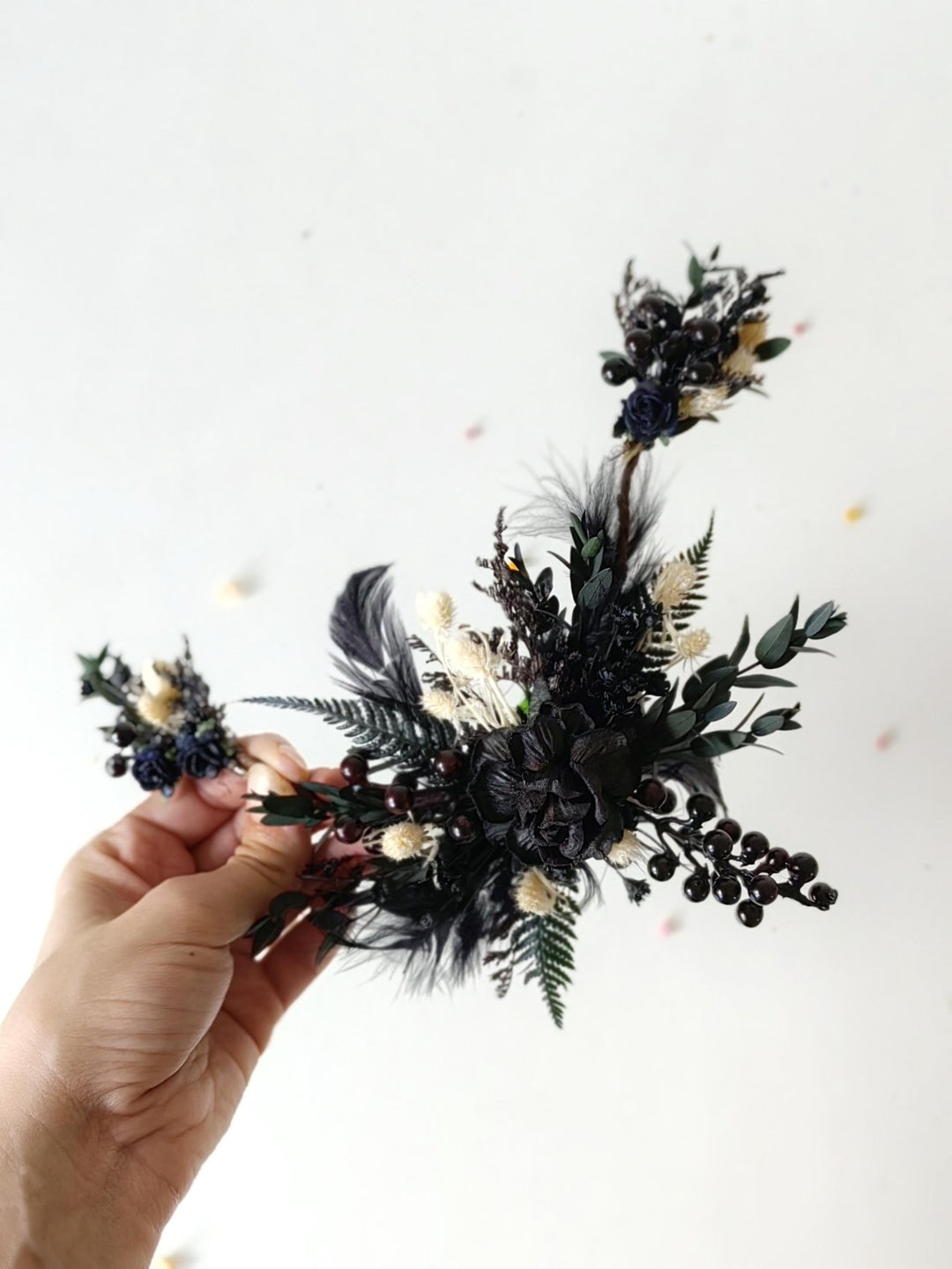 Gothic Wedding Hair Vine: Black Rose, Fern & Blackberry Hairpiece – handmade floral hair accessory by magaela