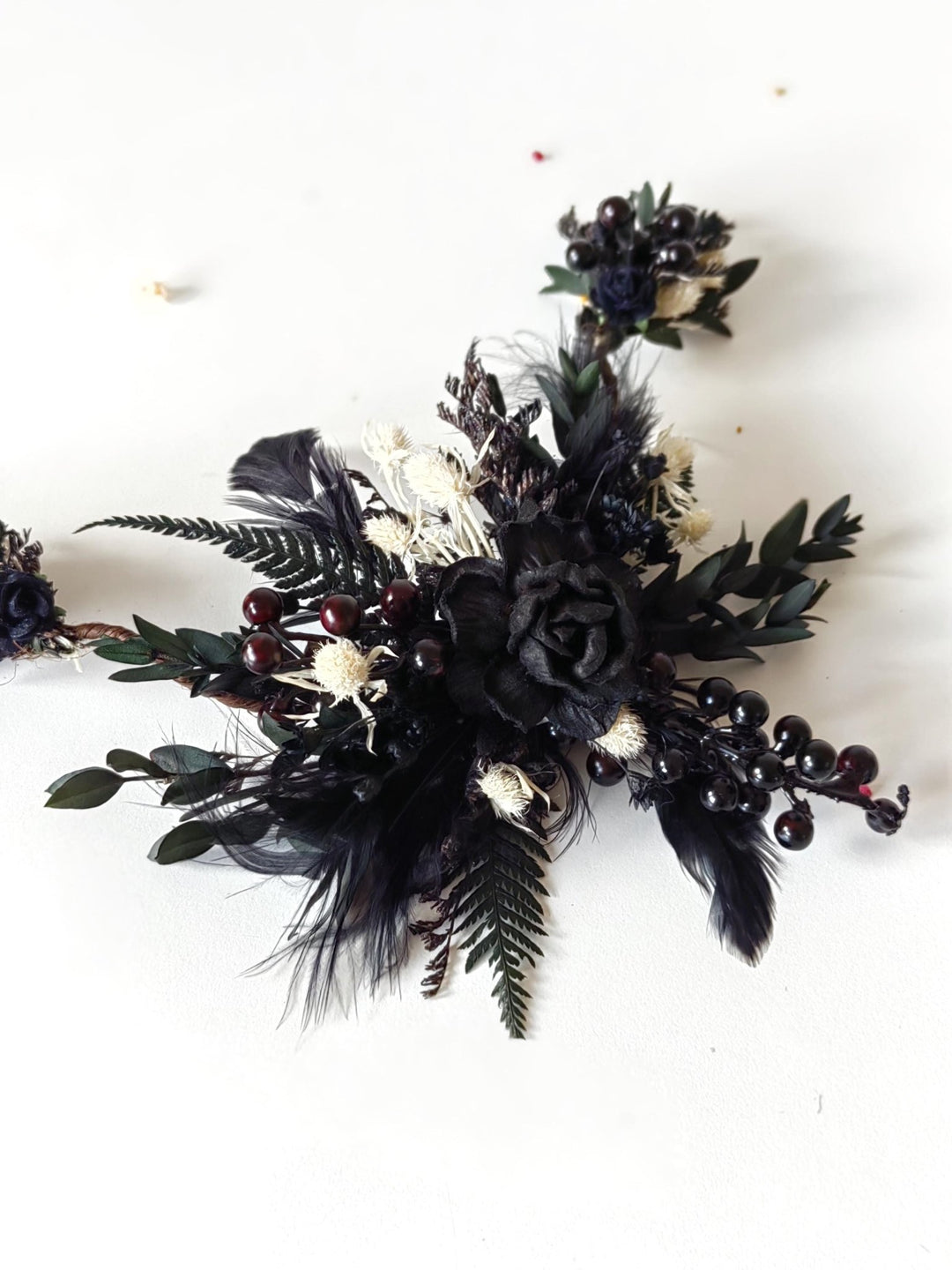 Gothic Wedding Hair Vine: Black Rose, Fern & Blackberry Hairpiece – handmade floral hair accessory by magaela