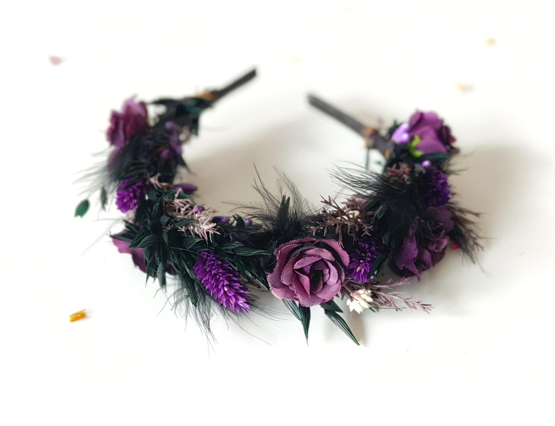 Purple Flower Headband and Choker Set: Gothic Autumn Wedding – handmade floral hair accessory by magaela