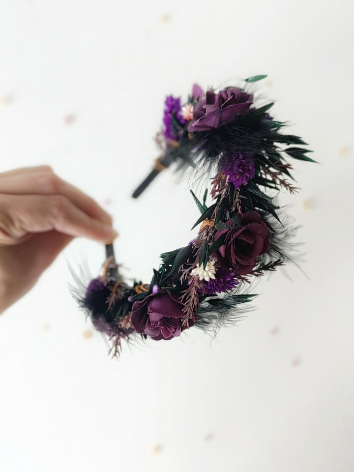 Purple Flower Headband and Choker Set: Gothic Autumn Wedding – handmade floral hair accessory by magaela