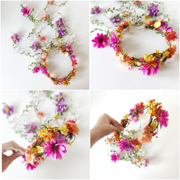 Bridal Flower Hair Wreath with Veil: Romantic Boho Headpiece – handmade floral hair accessory by magaela