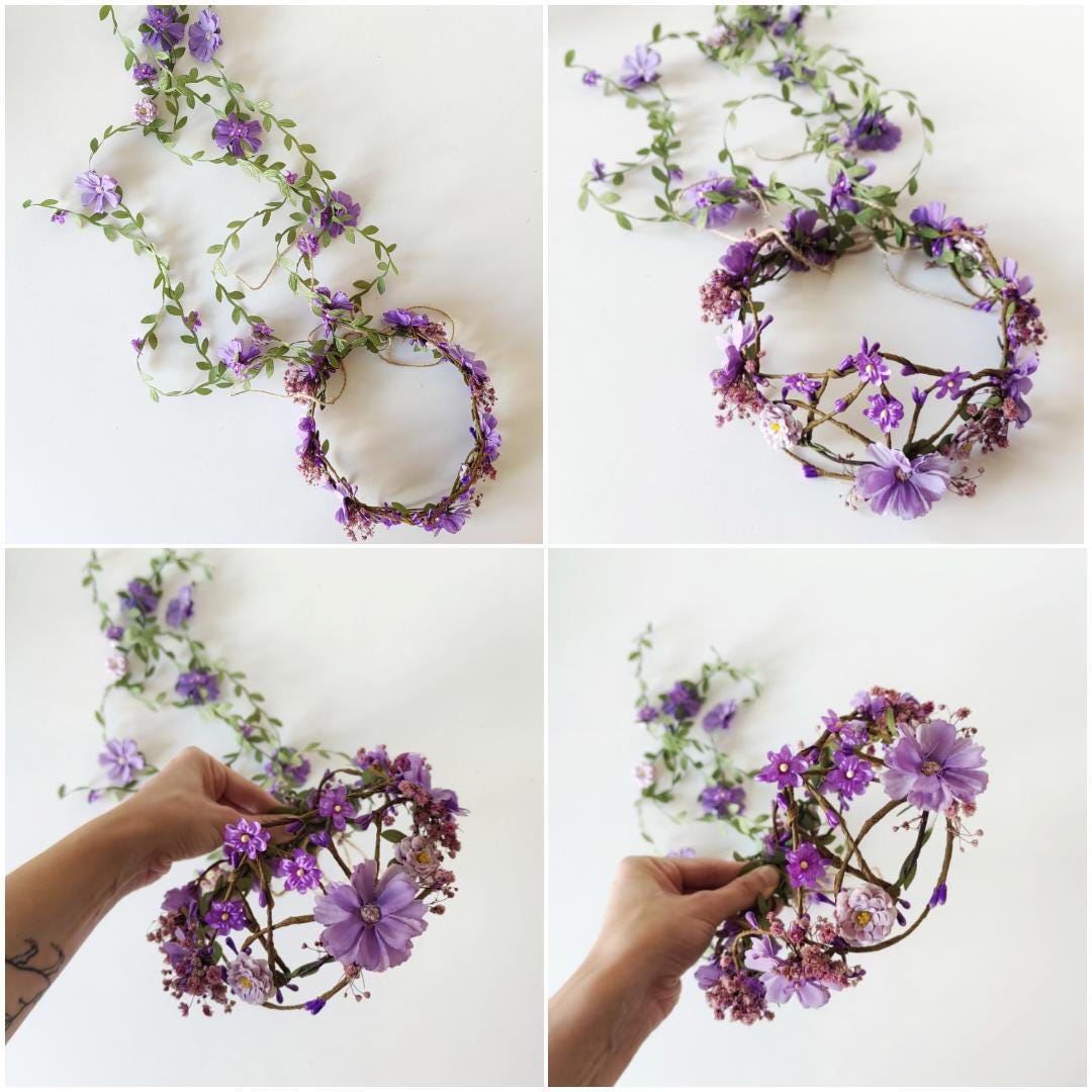 Bridal Flower Hair Wreath with Veil: Blue & Purple Fairy Crown – handmade floral hair accessory by magaela