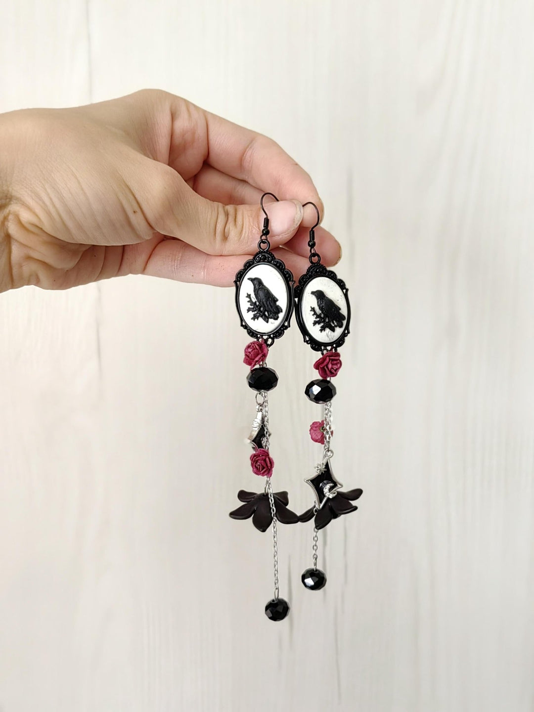 Gothic Crow Long Earrings: Halloween Wedding Jewelry – handmade floral hair accessory by magaela