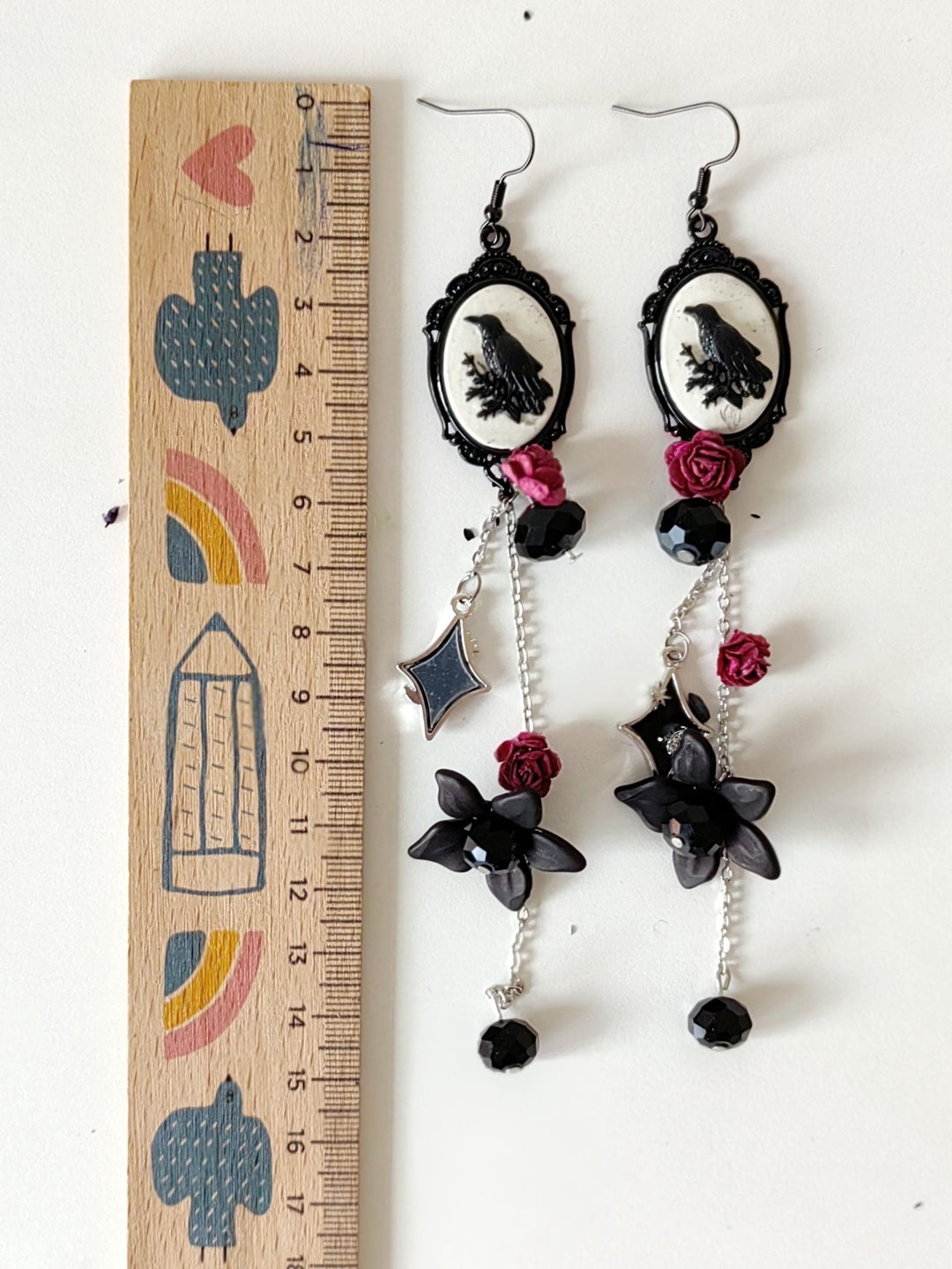 Gothic Crow Long Earrings: Halloween Wedding Jewelry – handmade floral hair accessory by magaela