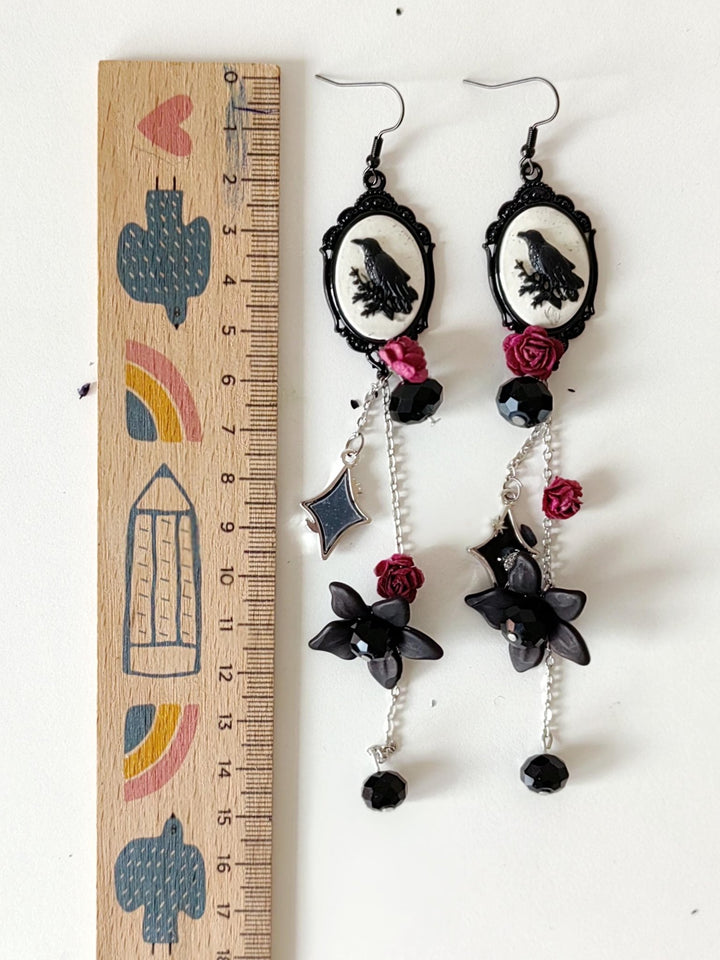 Gothic Crow Long Earrings: Halloween Wedding Jewelry – handmade floral hair accessory by magaela
