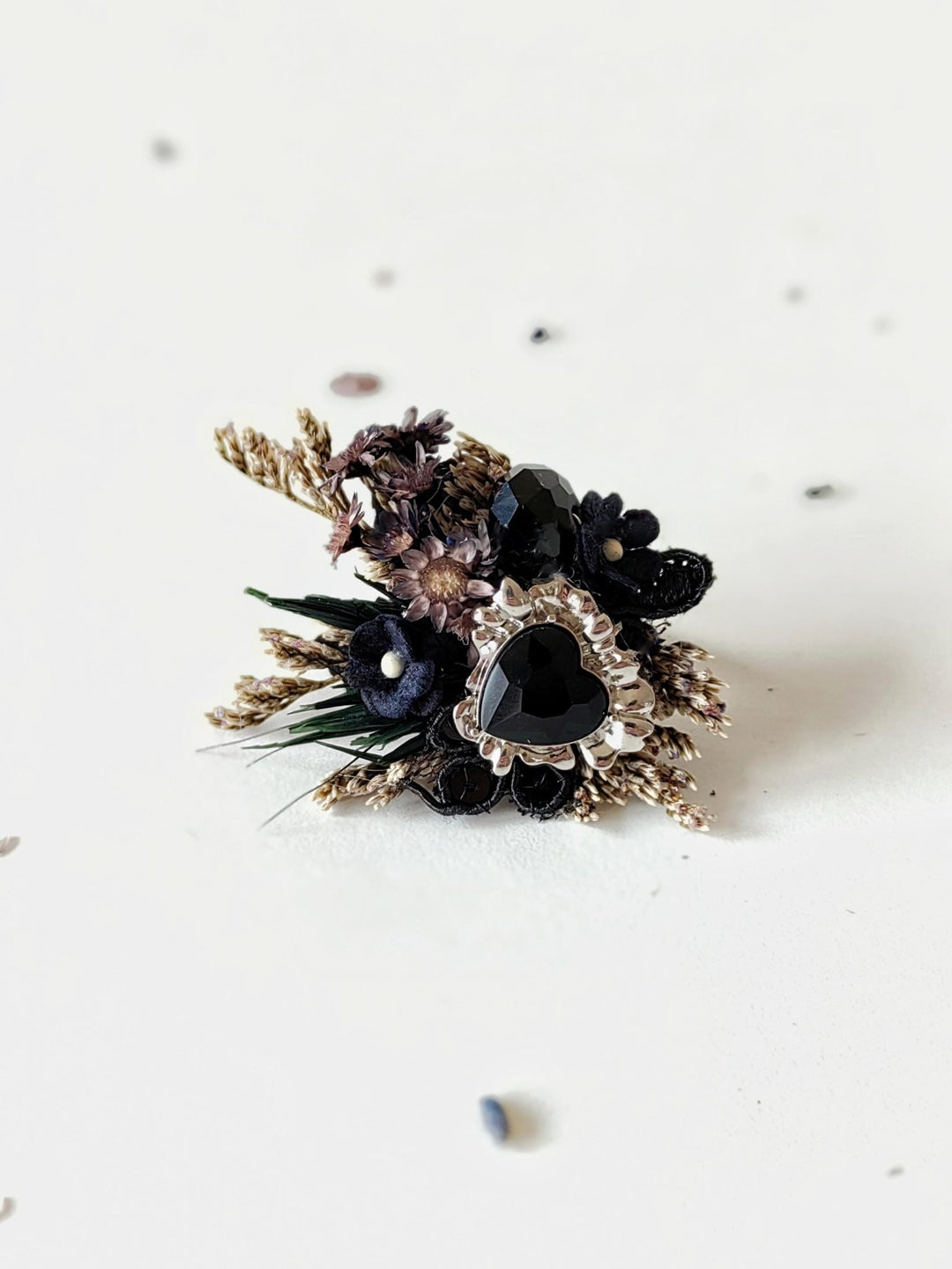 Gothic Flower Ring: Black & Silver Floral Heart Jewelry, Halloween Accessory – handmade floral hair accessory by magaela