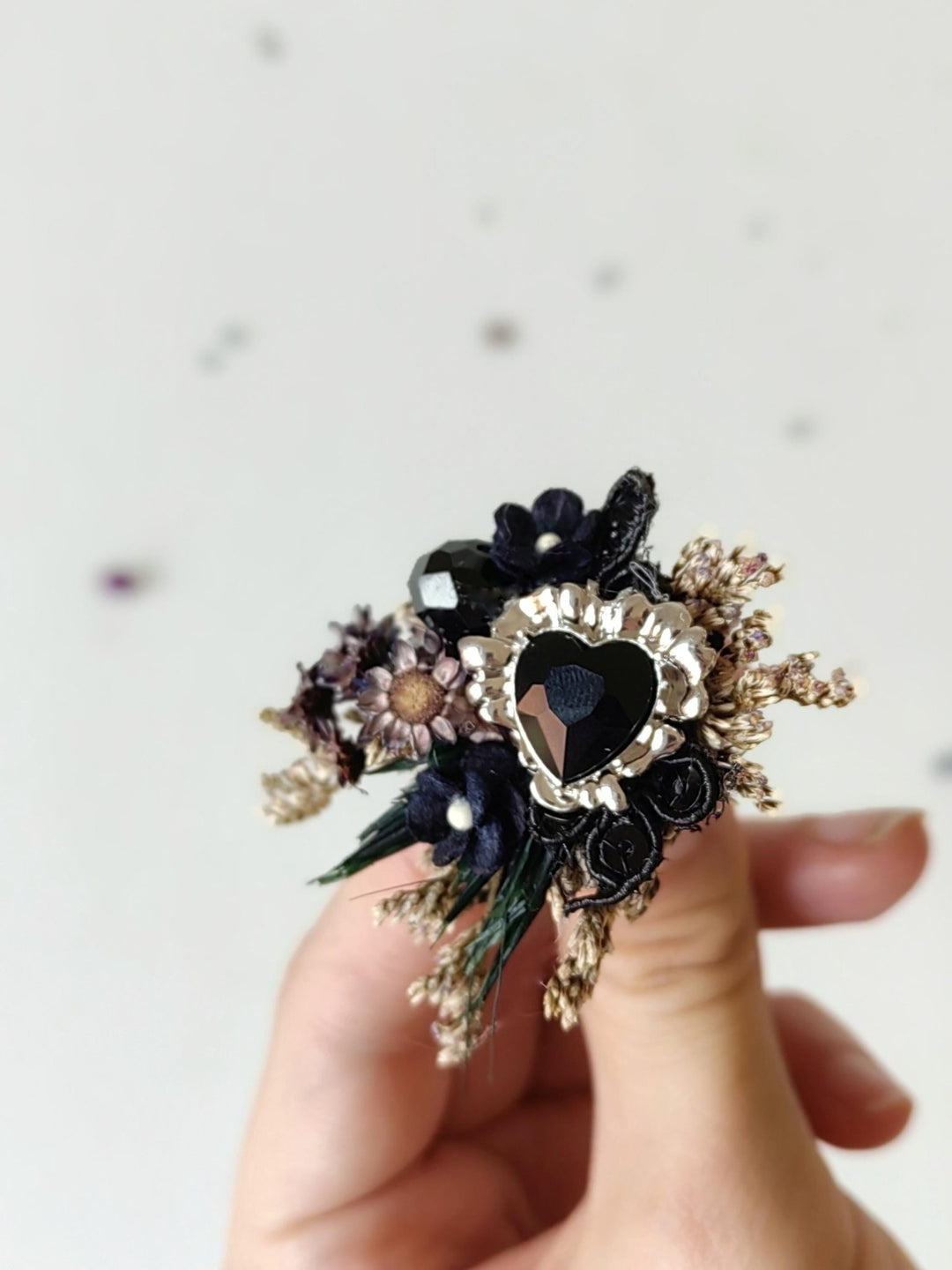 Gothic Flower Ring: Black & Silver Floral Heart Jewelry, Halloween Accessory – handmade floral hair accessory by magaela