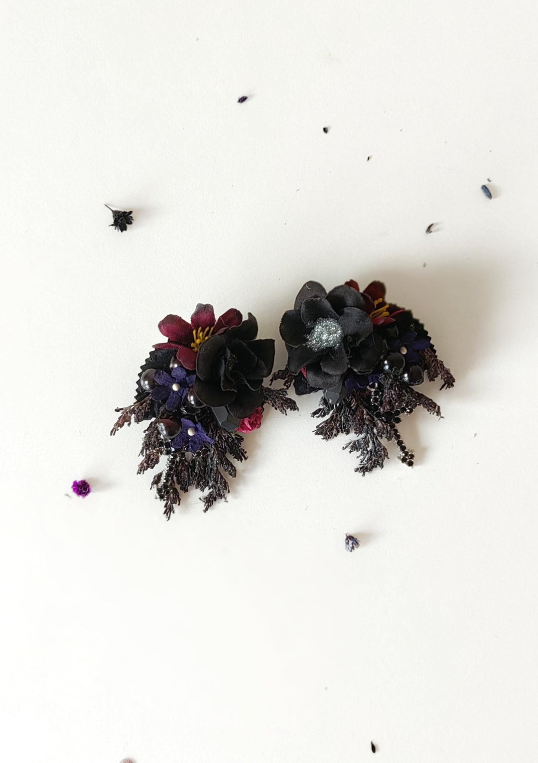 Gothic Flower Earrings: Black Burgundy Cross Studs, Halloween Jewelry – handmade floral hair accessory by magaela