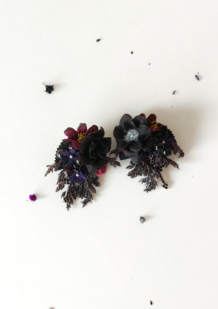 Gothic Flower Earrings: Black Burgundy Cross Studs, Halloween Jewelry – handmade floral hair accessory by magaela