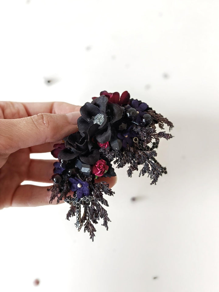 Gothic Flower Earrings: Black Burgundy Cross Studs, Halloween Jewelry – handmade floral hair accessory by magaela