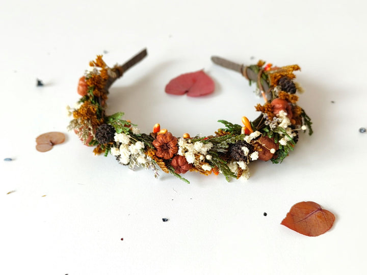 Pumpkin Flower Headband: Autumn Bridal Cottagecore Headpiece – handmade floral hair accessory by magaela