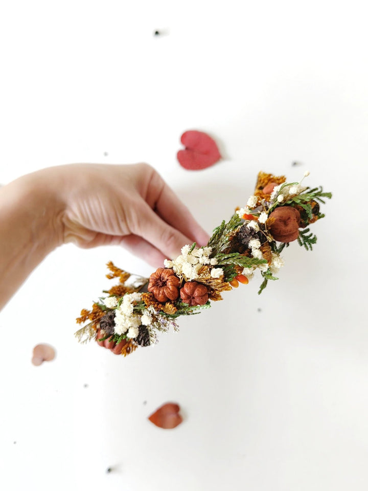 Pumpkin Flower Headband: Autumn Bridal Cottagecore Headpiece – handmade floral hair accessory by magaela