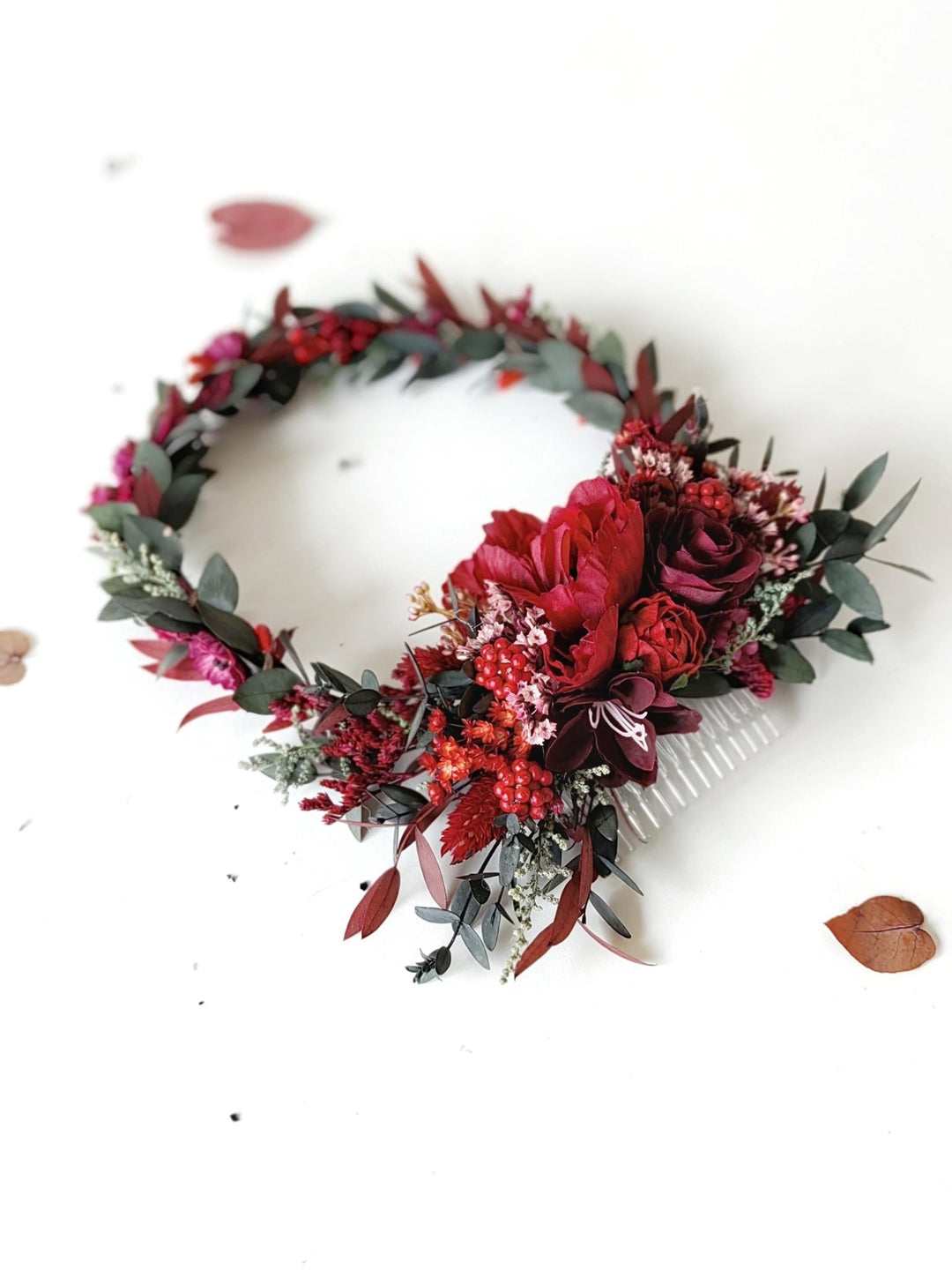 Red Flower Hair Wreath & Comb Set: Autumn Wedding Boho Bridal Hair – handmade floral hair accessory by magaela