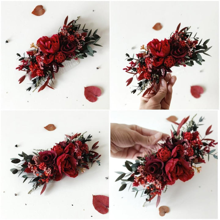 Red Flower Hair Wreath & Comb Set: Autumn Wedding Boho Bridal Hair – handmade floral hair accessory by magaela