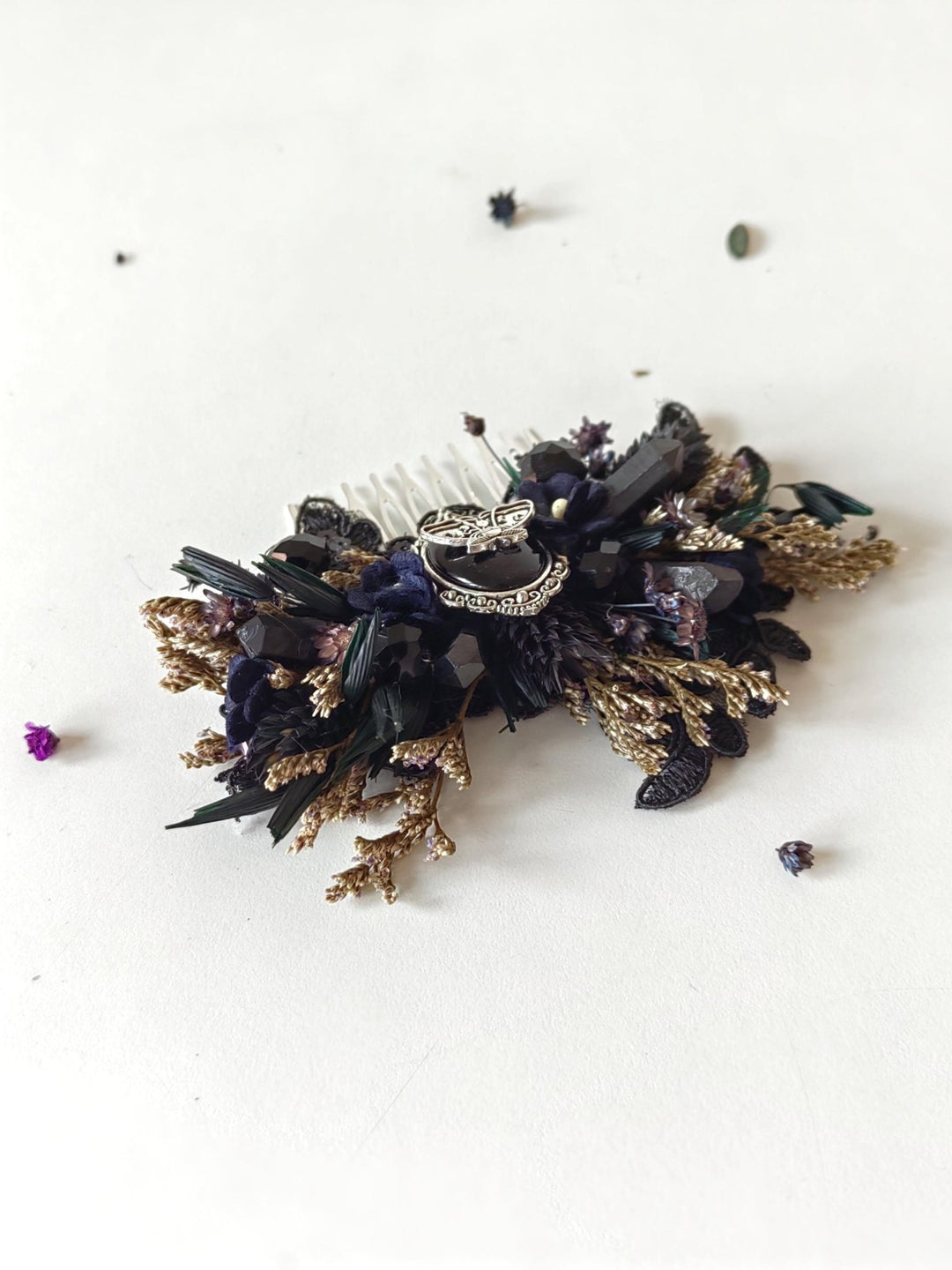 Black Flower Hair Comb: Gothic Wedding Crystal Hair Accessory – handmade floral hair accessory by magaela