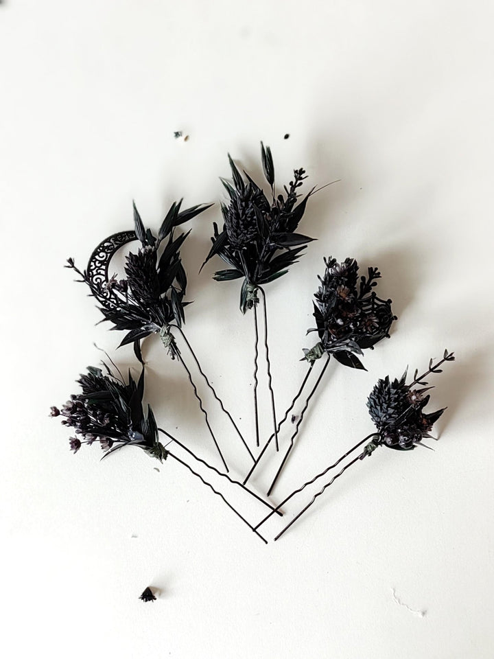 Black Flower Hair Pins: Gothic Wedding Bridal Hair Accessory – handmade floral hair accessory by magaela