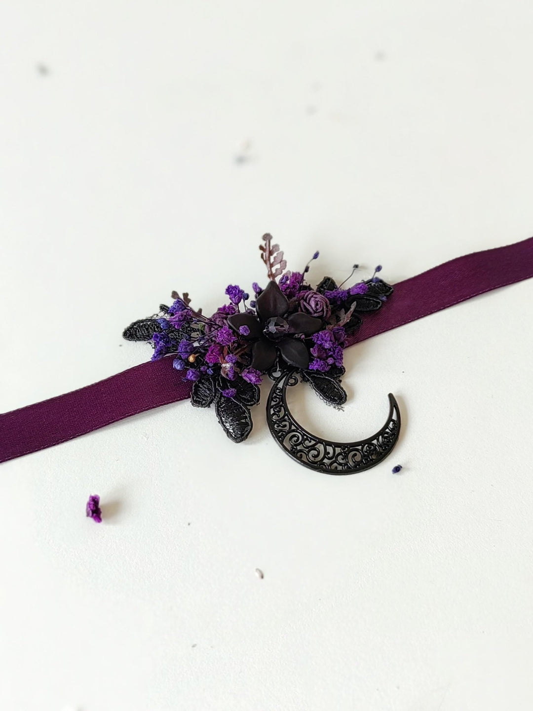 Purple Flower Moon Choker: Gothic Halloween Necklace – handmade floral hair accessory by magaela