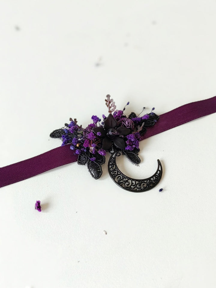 Purple Flower Moon Choker: Gothic Halloween Necklace – handmade floral hair accessory by magaela
