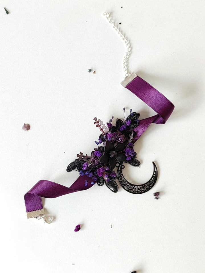 Purple Flower Moon Choker: Gothic Halloween Necklace – handmade floral hair accessory by magaela