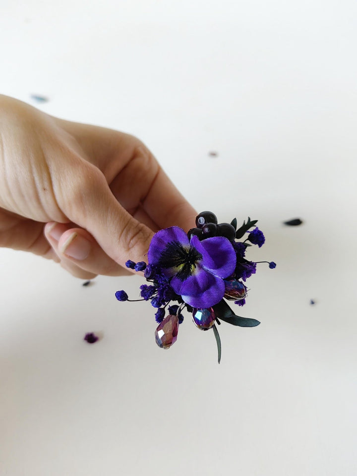 Purple Flower Ring: Boho Gothic Wedding Jewelry, Adjustable Ring – handmade floral hair accessory by magaela