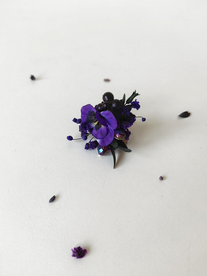 Purple Flower Ring: Boho Gothic Wedding Jewelry, Adjustable Ring – handmade floral hair accessory by magaela