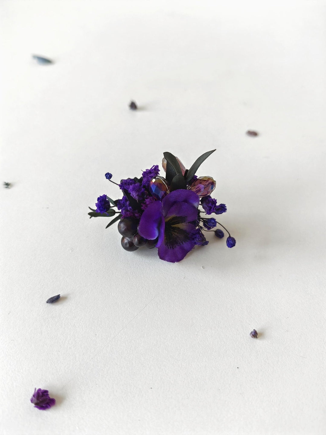 Purple Flower Ring: Boho Gothic Wedding Jewelry, Adjustable Ring – handmade floral hair accessory by magaela