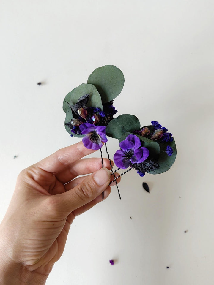 Purple Flower Hairpins: Violet Eucalyptus Bridal Hair Accessories – handmade floral hair accessory by magaela