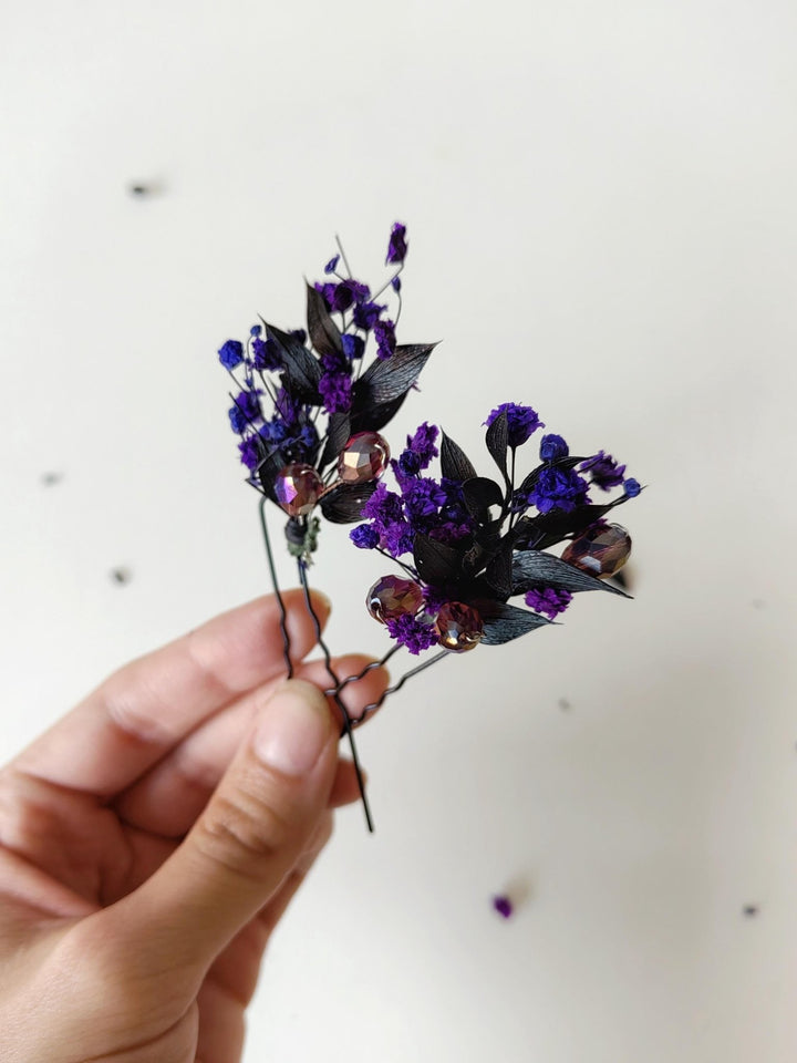 Purple Flower Hairpins: Violet Eucalyptus Bridal Hair Accessories – handmade floral hair accessory by magaela