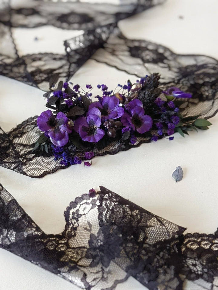 Purple Flower Belt: Gothic Autumn Wedding Dress Accessory – handmade floral hair accessory by magaela